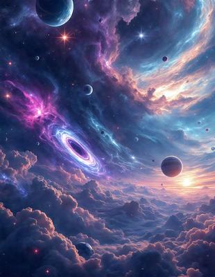 The primary subject of the image is a purple and blue spiral galaxy, which is the main object, scene, or focus of the image. The setting or background features a cloudy sky, which adds to the overall atmosphere of the image. The visual style of the image is digital art, as it is a computer-generated or digitally created piece. The dominant colors in the image are purple and blue, which contribute to the overall mood and aesthetic of the artwork.